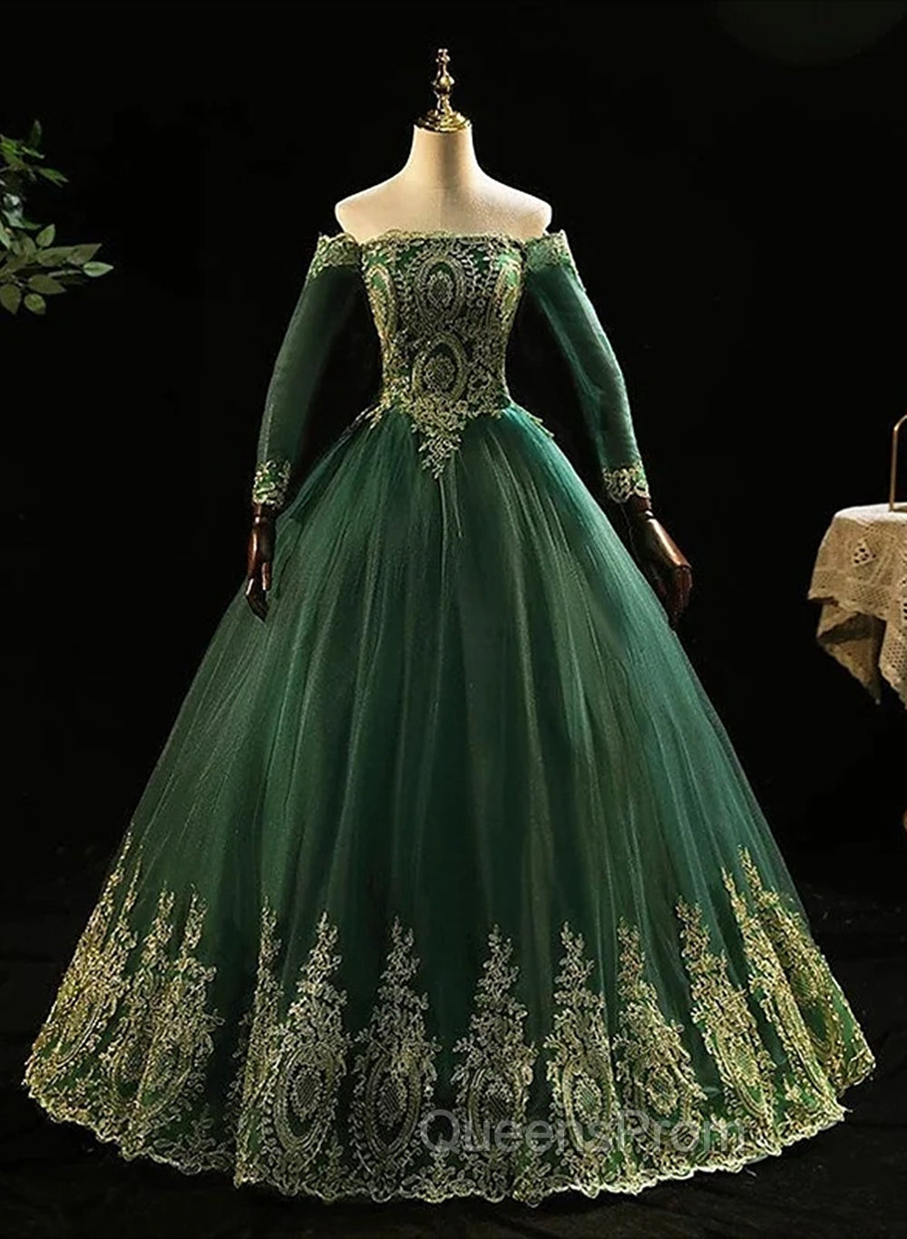 Dark Green Sleeves with Gold Lace Sweet 16 Dress, Dark Green Long Evening Dress Main image