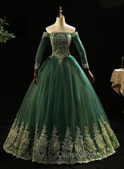 Dark Green Sleeves with Gold Lace Sweet 16 Dress, Dark Green Long Evening Dress