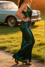 Dark Green Spaghetti Straps Long Prom Dress with Open Back