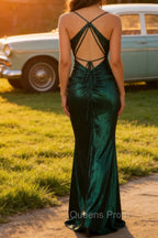 Dark Green Spaghetti Straps Long Prom Dress with Open Back