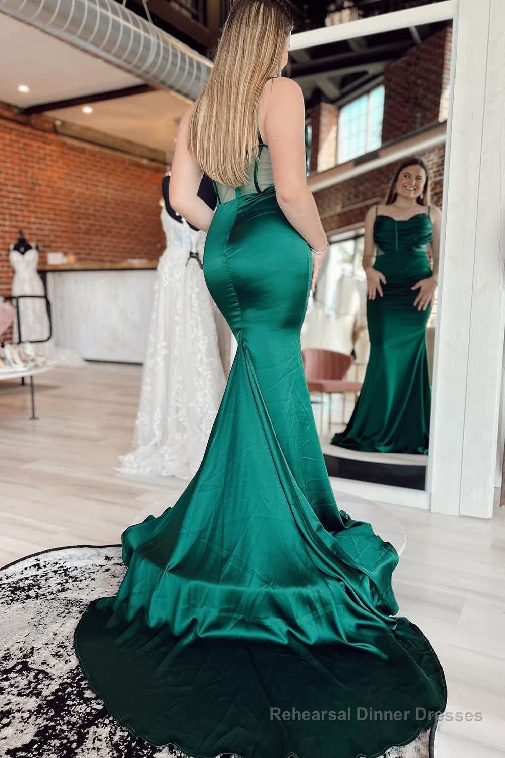 Dark Green Spaghetti Straps Satin Mermaid Prom Dress Secondary image