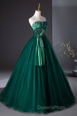 Dark Green Strapless Tulle Long Evening Prom Dress, Beautiful A-Line Formal Evening Dress