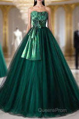 Dark Green Strapless Tulle Long Evening Prom Dress, Beautiful A-Line Formal Evening Dress