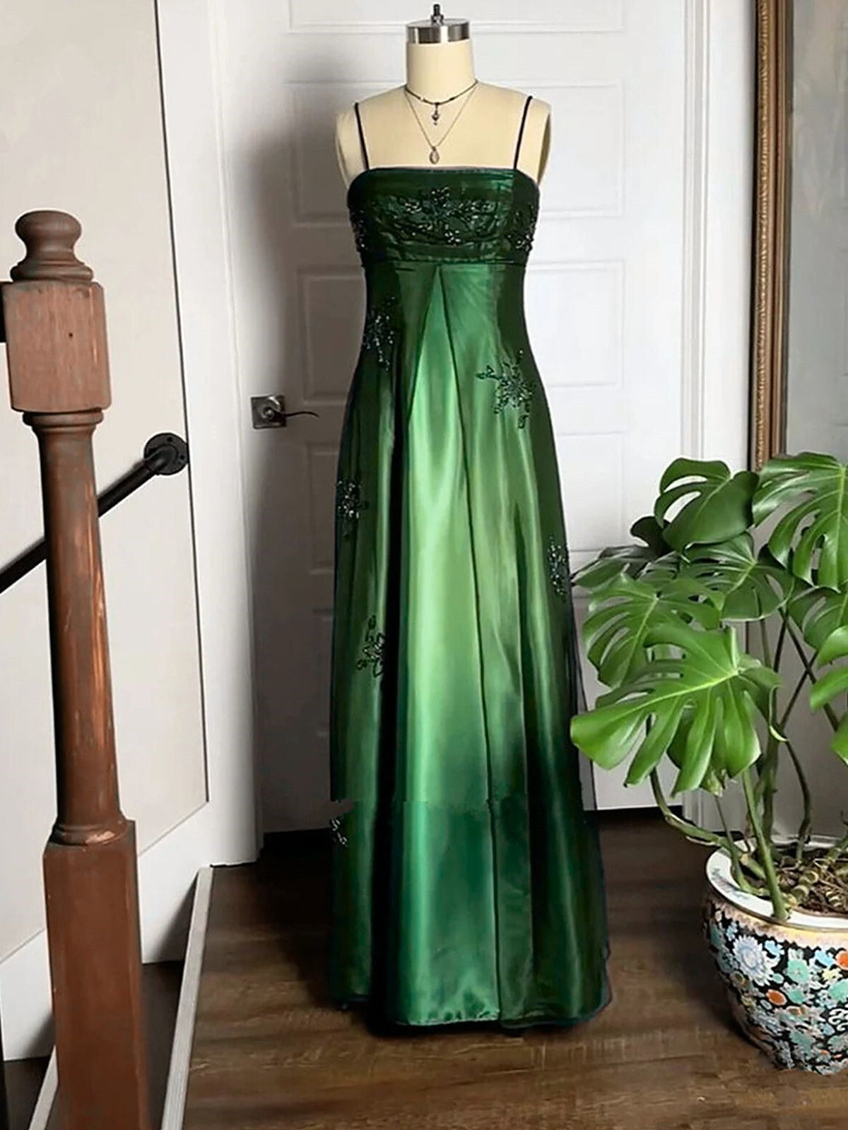 Dark Green Straps A-Line Tulle Classy Prom Dress, Green Satin Beaded Lace Party Dress Secondary image