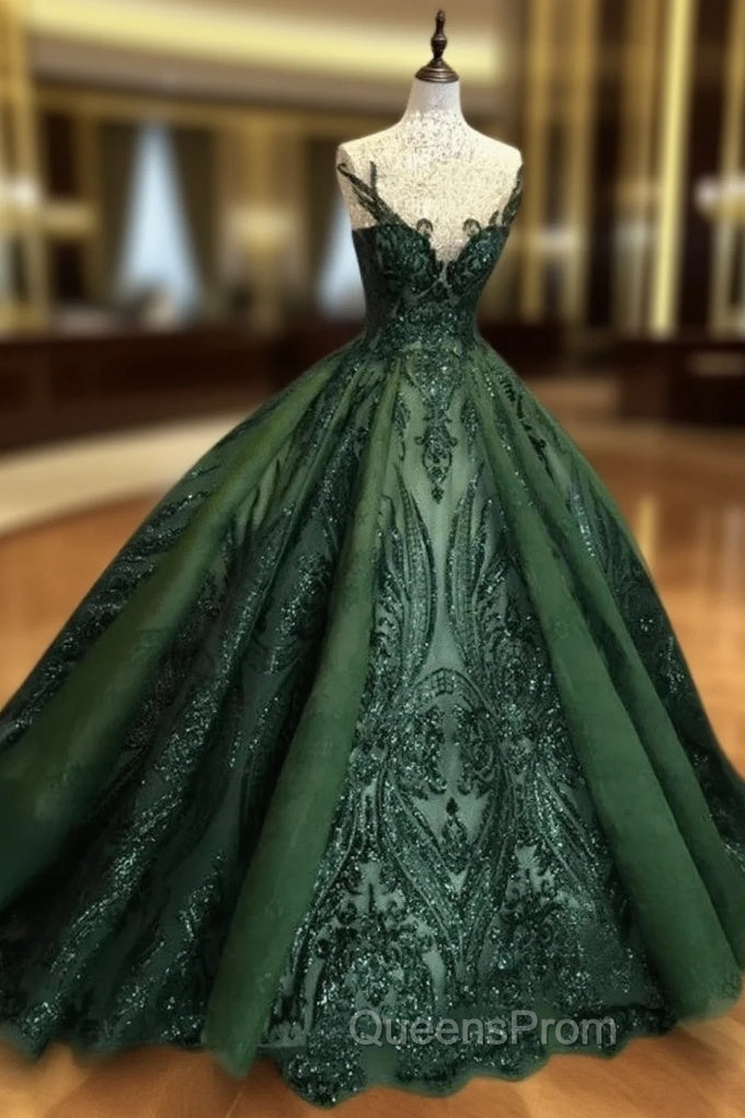 Dark Green Tulle Ball Gown Evening Dress Shiny Tulle Lace Sweet 16 Dress Evening Prom Dress shops