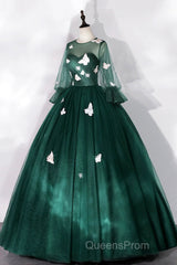 Dark Green Tulle Long Evening Prom Dress, A-Line Long Sleeve Evening Party Dress With Butterfly Appliques