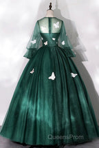 Dark Green Tulle Long Evening Prom Dress, A-Line Long Sleeve Evening Party Dress With Butterfly Appliques