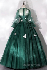 Dark Green Tulle Long Evening Prom Dress, A-Line Long Sleeve Evening Party Dress With Butterfly Appliques