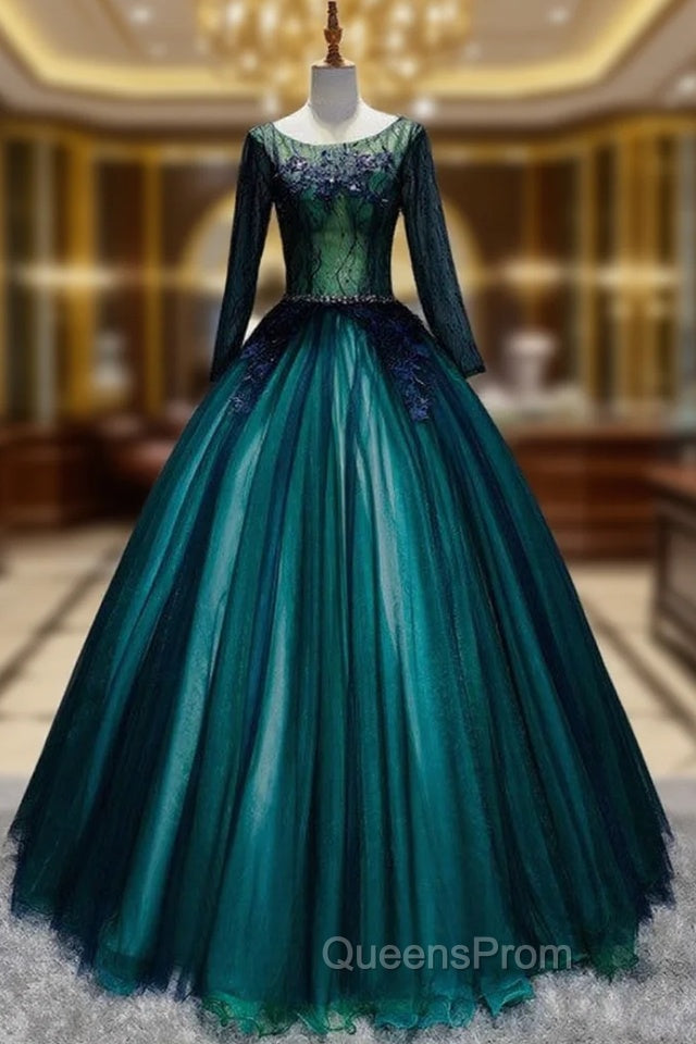 Dark Green Tulle Long Sleeve Appliques Quinceanera Dress Main image