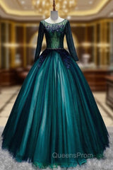 Dark Green Tulle Long Sleeve Appliques Quinceanera Dress
