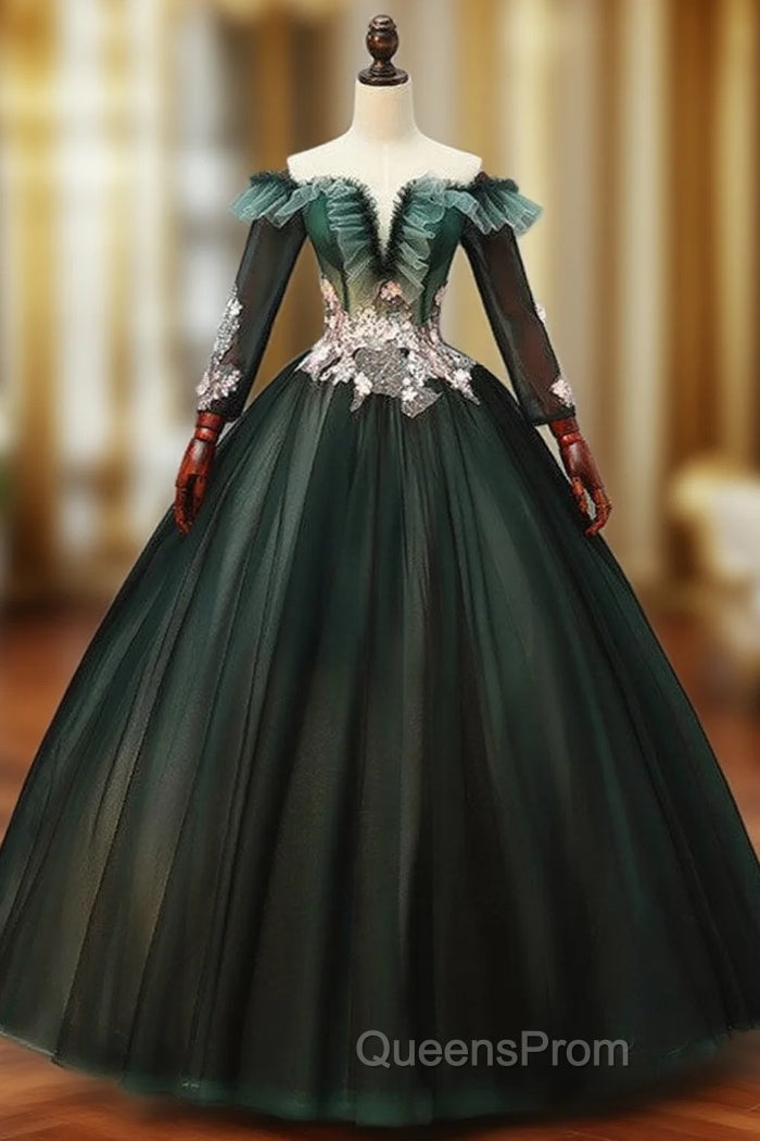 Dark Green Tulle Long Sleeve Off the Shoulder Appliques Quinceanera Dress