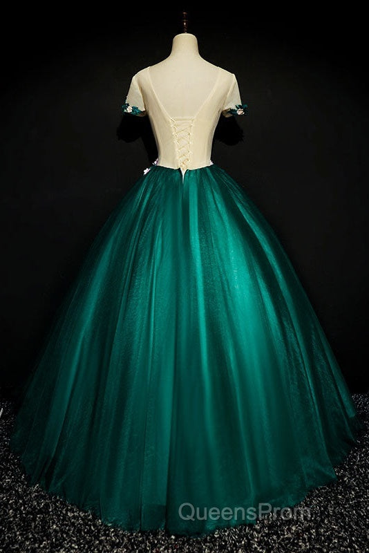 Dark Green Tulle Round Neckline Ball Gown Formal Dress, Quinceanera Dress