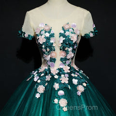 Dark Green Tulle Round Neckline Ball Gown Formal Dress, Quinceanera Dress