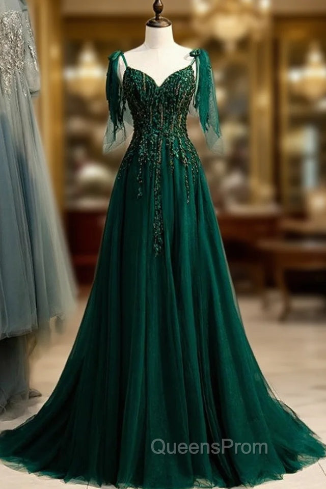Dark Green Tulle Spaghetti Straps Beading Evening Prom Dress Main image