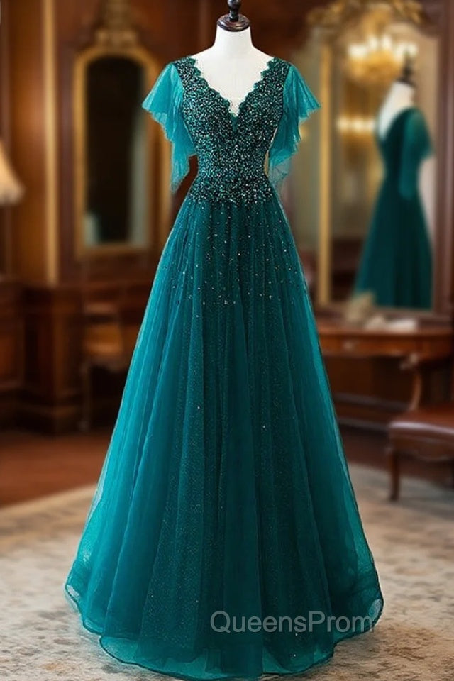 Dark Green Tulle V-neck Beading Evening Prom Dress Main image