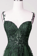 Dark Green Tulle With Lace Beaded Straps Classy Prom Dress, Green Long Classy Dress Party Dress