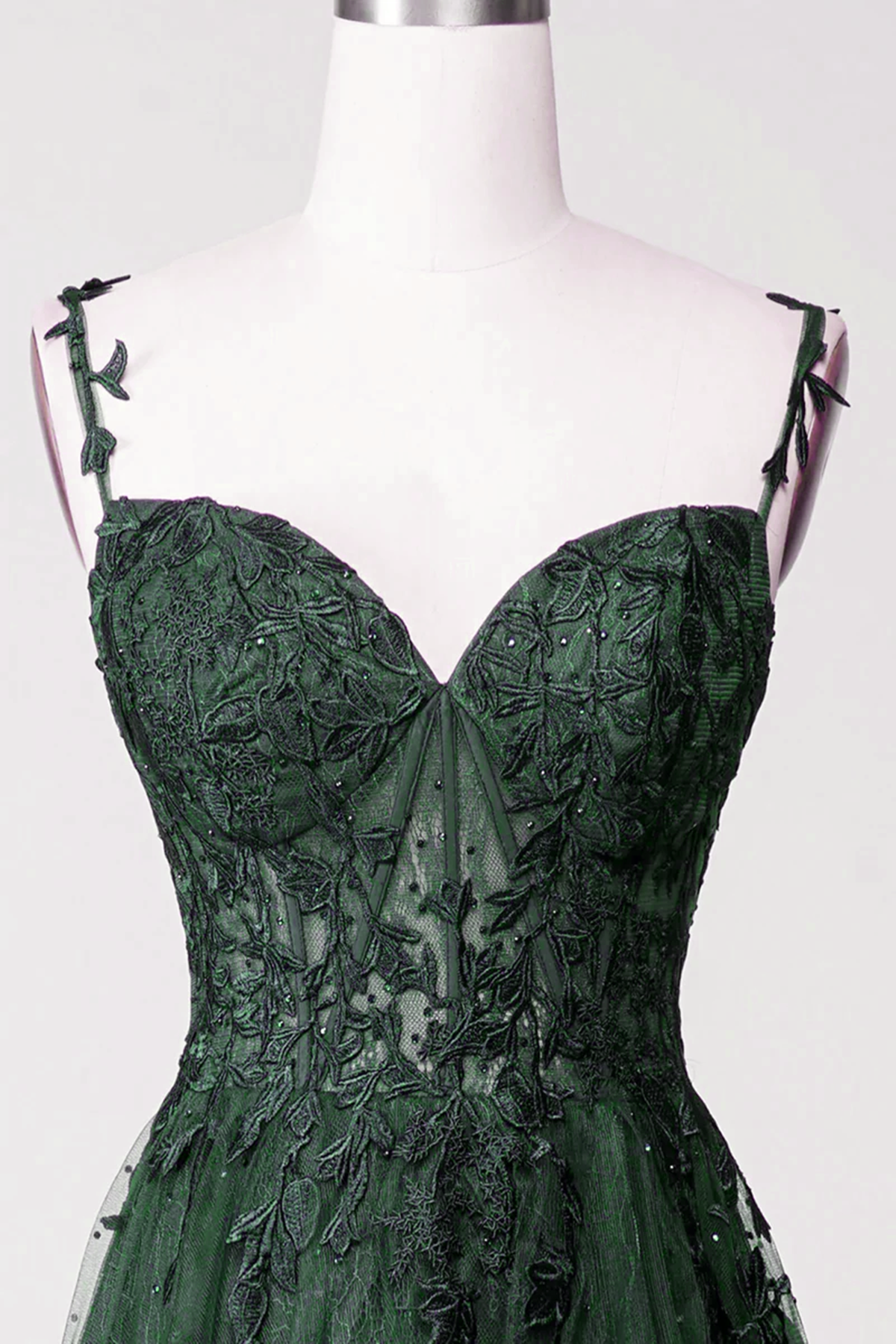 Dark Green Tulle With Lace Beaded Straps Classy Prom Dress, Green Long Classy Dress Party Dress