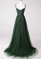Dark Green Tulle With Lace Beaded Straps Classy Prom Dress, Green Long Classy Dress Party Dress