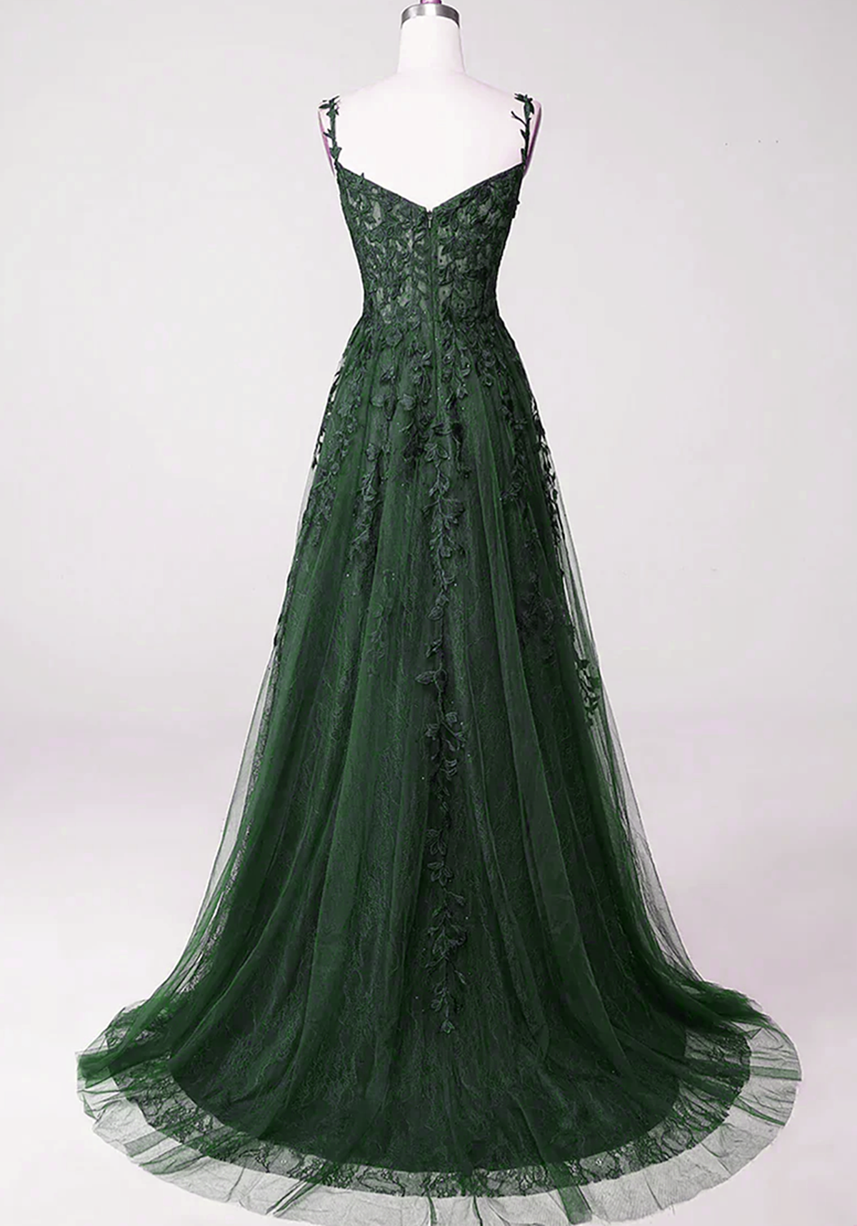 Dark Green Tulle With Lace Beaded Straps Classy Prom Dress, Green Long Classy Dress Party Dress