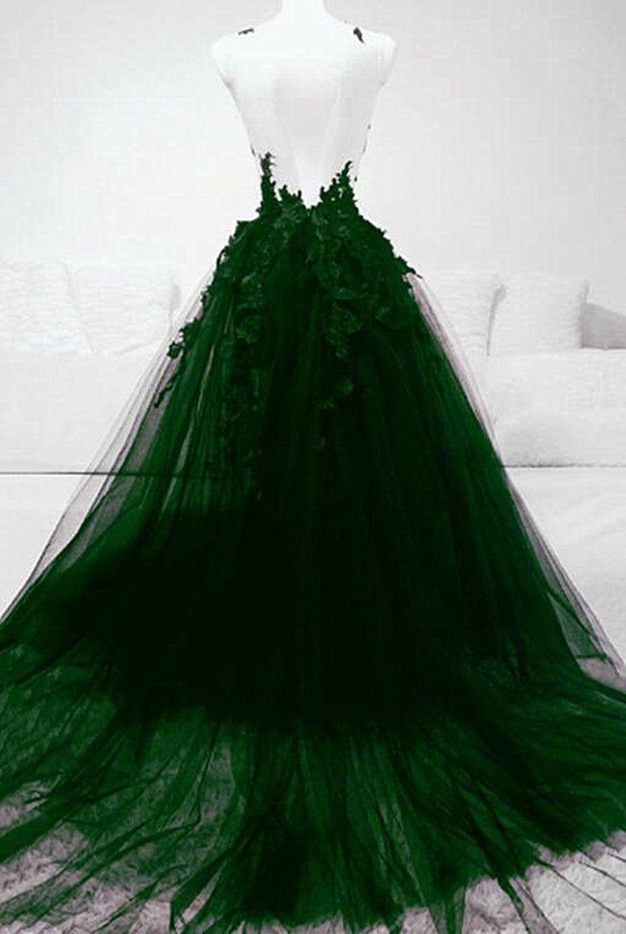 Dark Green Tulle With Lace Deep Neckline Backless Classy Prom Dress, Dark Green Party Dress Secondary image