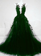Dark Green Tulle With Lace Deep Neckline Backless Classy Prom Dress, Dark Green Party Dress
