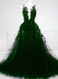 Dark Green Tulle With Lace Deep Neckline Backless Classy Prom Dress, Dark Green Party Dress