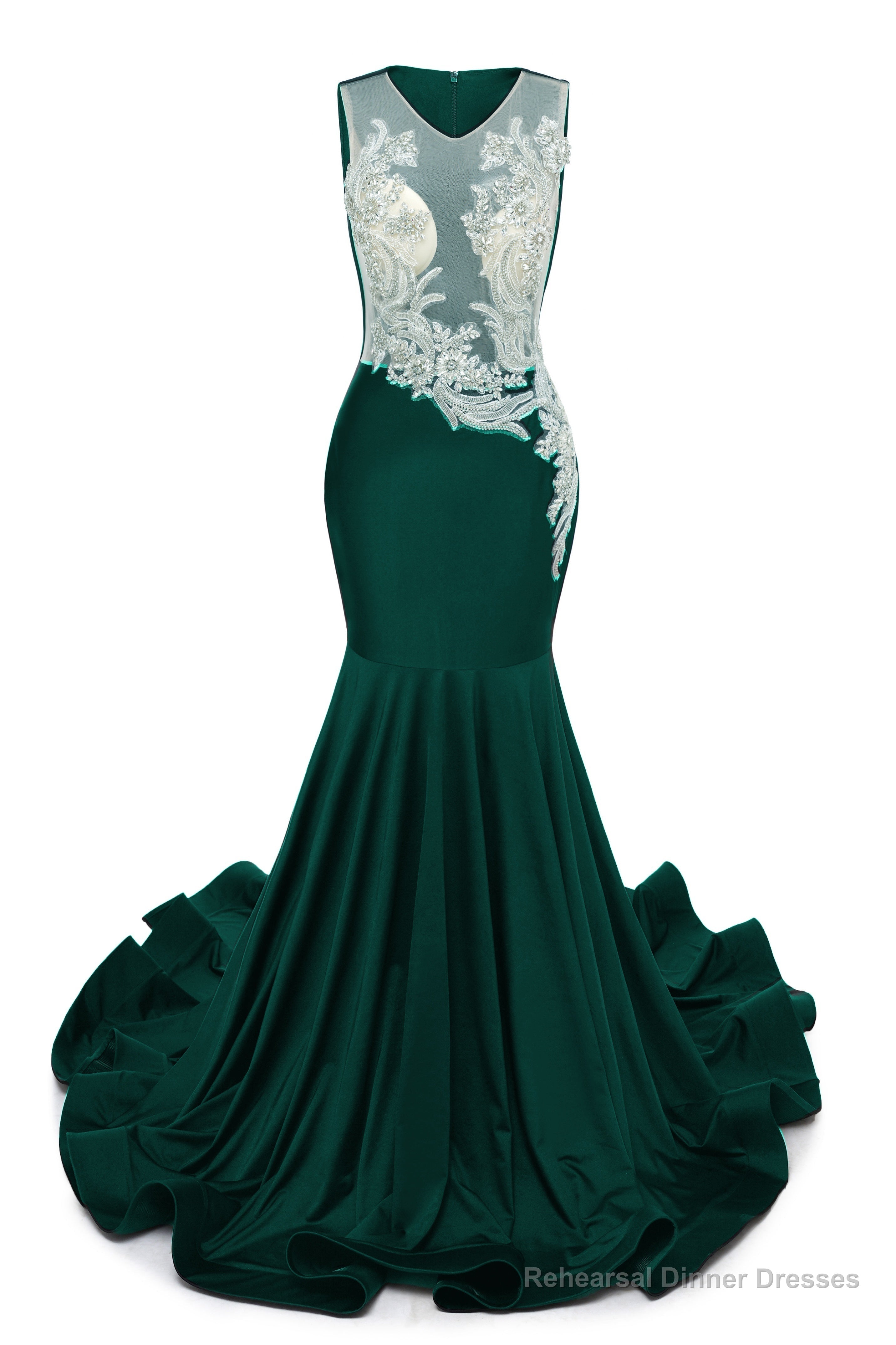 Dark Green V-Neck Sheer Corset Prom Dresses Beaded Mermaid Long Train Evening Gowns Secondary image