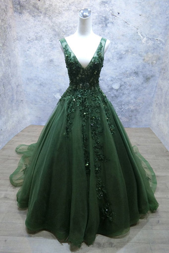 Dark Green V-Neckline Lace Applique Low Back Classy Dress, Green Tulle Classy Prom Dress Secondary image