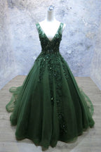 Dark Green V-Neckline Lace Applique Low Back Classy Dress, Green Tulle Classy Prom Dress