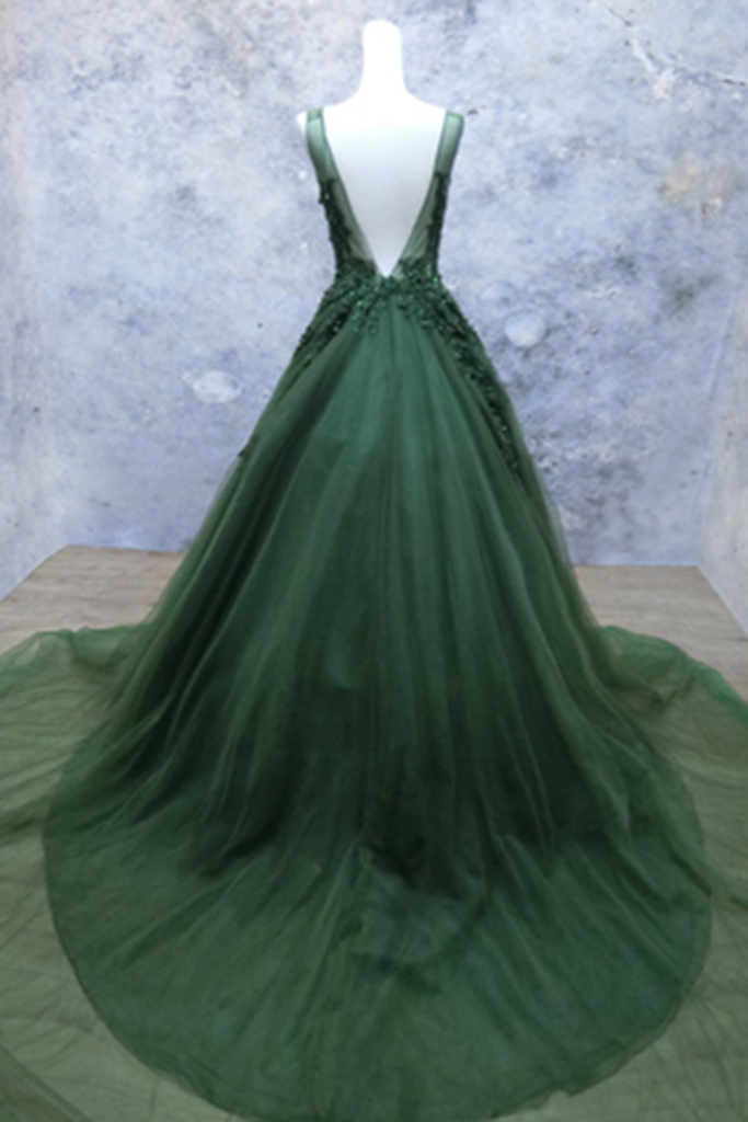 Dark Green V-Neckline Lace Applique Low Back Classy Dress, Green Tulle Classy Prom Dress