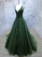 Dark Green V-Neckline Lace Applique Low Back Classy Dress, Green Tulle Classy Prom Dress