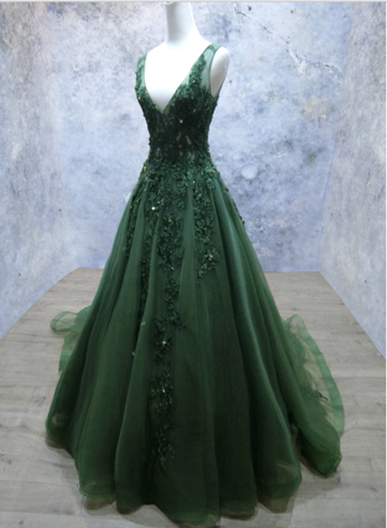 Dark Green V-Neckline Lace Applique Low Back Classy Dress, Green Tulle Classy Prom Dress