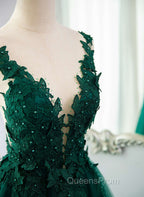 Dark Green V-neckline Lace Long Beaded Evening Prom Dress, Dark Green Party Dress