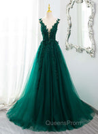 Dark Green V-neckline Lace Long Beaded Evening Prom Dress, Dark Green Party Dress