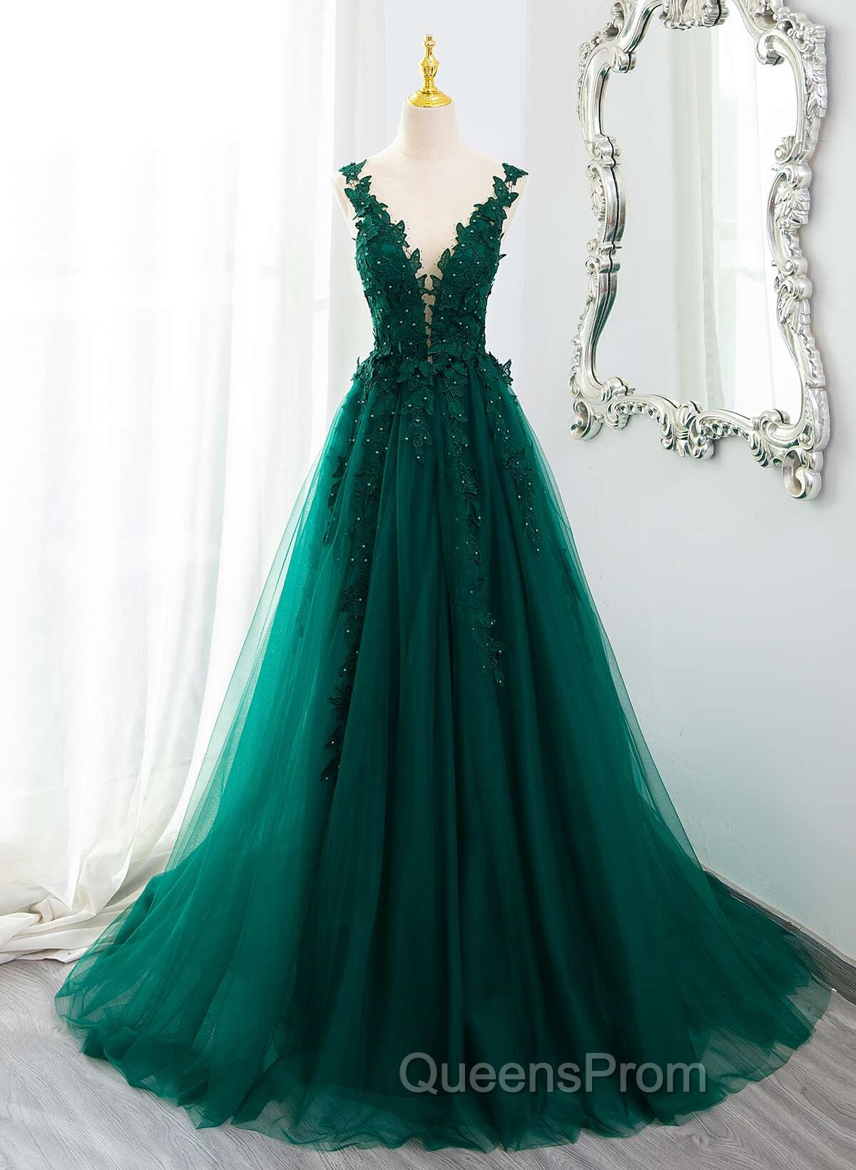Dark Green V-neckline Lace Long Beaded Evening Prom Dress, Dark Green Party Dress
