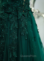 Dark Green V-neckline Lace Long Beaded Evening Prom Dress, Dark Green Party Dress