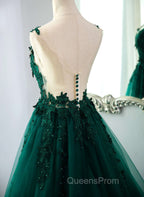 Dark Green V-neckline Lace Long Beaded Evening Prom Dress, Dark Green Party Dress