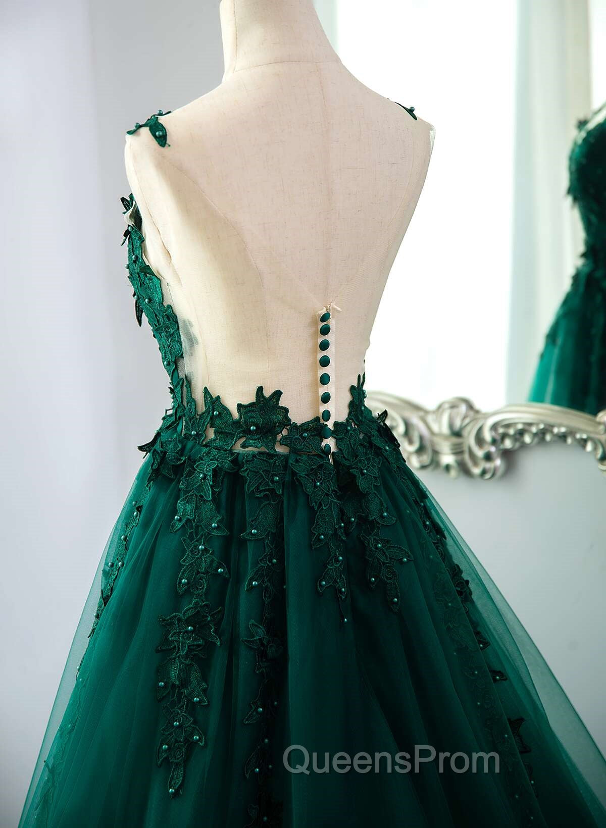 Dark Green V-neckline Lace Long Beaded Evening Prom Dress, Dark Green Party Dress