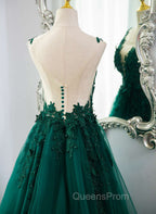 Dark Green V-neckline Lace Long Beaded Evening Prom Dress, Dark Green Party Dress