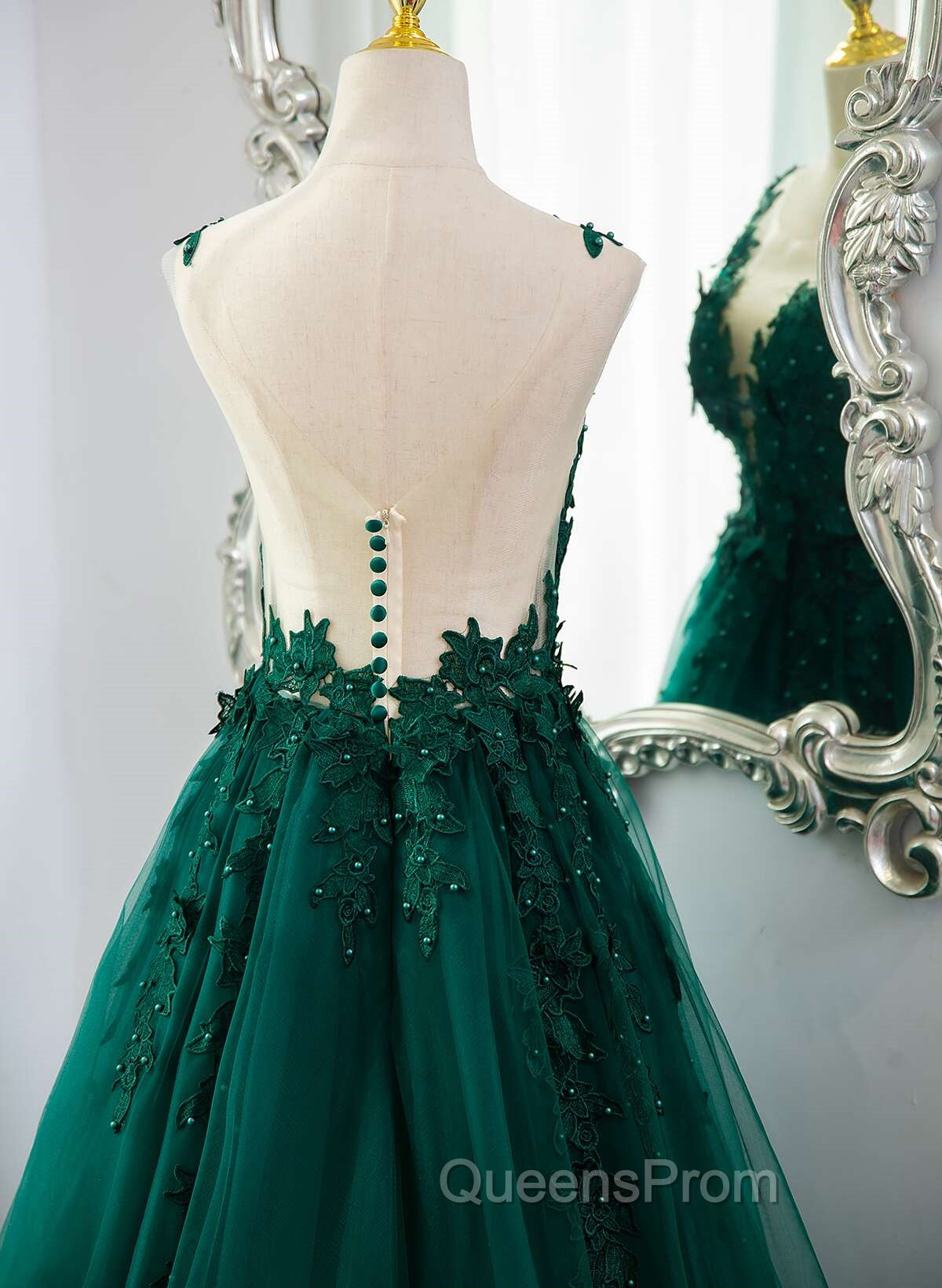Dark Green V-neckline Lace Long Beaded Evening Prom Dress, Dark Green Party Dress
