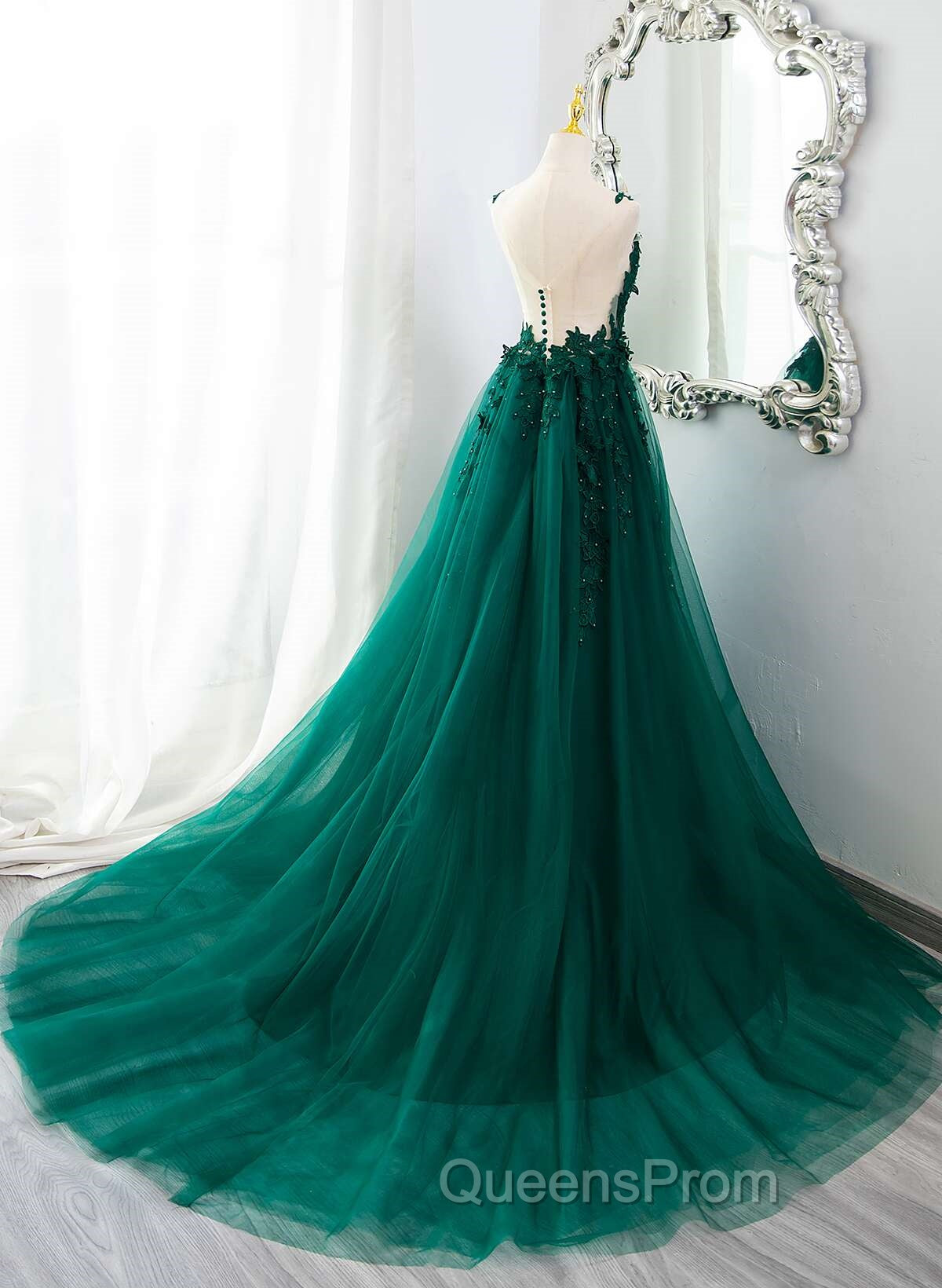 Dark Green V-neckline Lace Long Beaded Evening Prom Dress, Dark Green Party Dress