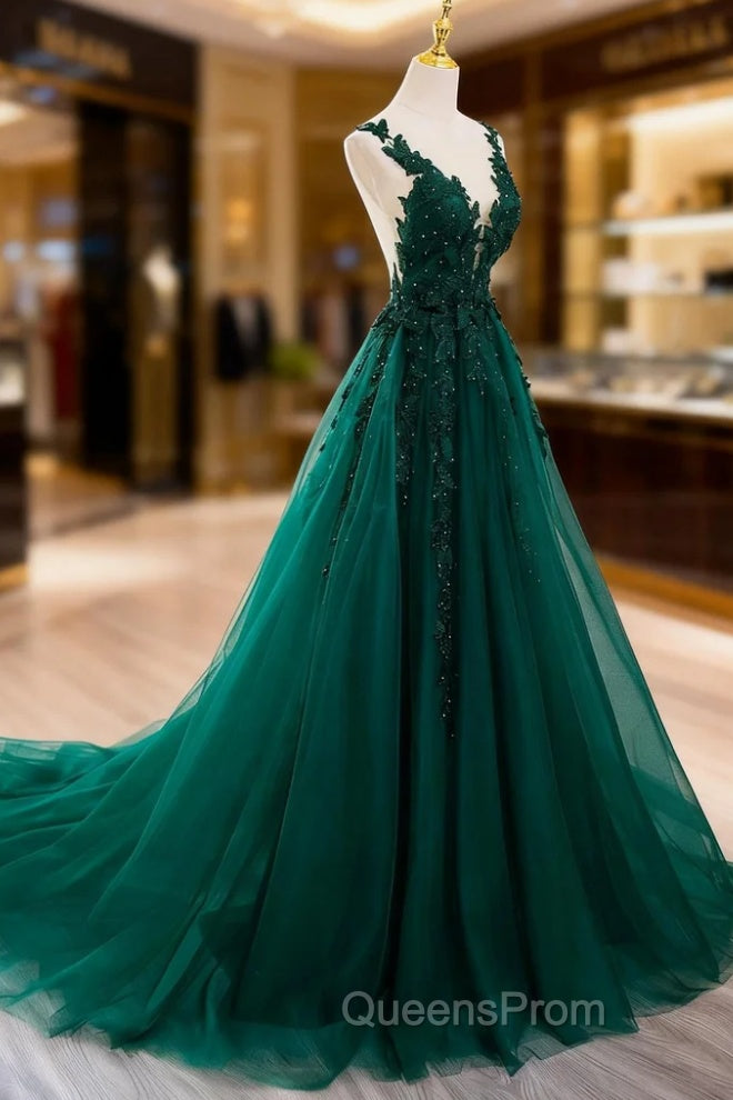 Dark Green V-neckline Lace Long Beaded Evening Prom Dress, Dark Green Party Dress