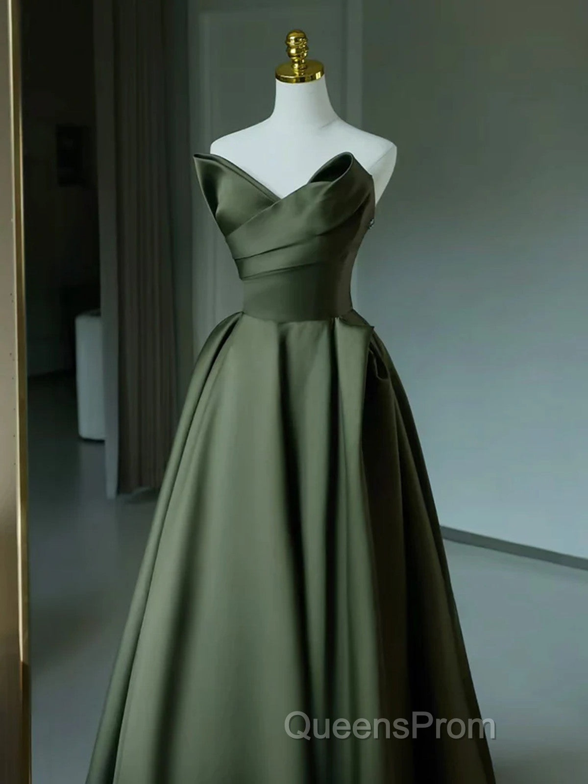 Dark Green V-Neckline Satin Long Evening Prom Dress, Dark Green Party Dress Secondary image