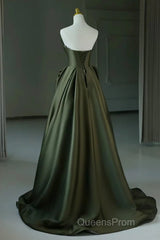 Dark Green V-Neckline Satin Long Evening Prom Dress, Dark Green Party Dress