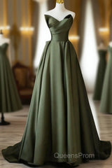 Dark Green V-Neckline Satin Long Evening Prom Dress, Dark Green Party Dress
