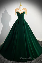 Dark Green Velvet A-Line Long Evening Prom Dress, Dark Green Evening Party Dress