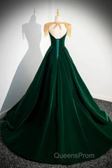 Dark Green Velvet A-Line Long Evening Prom Dress, Dark Green Evening Party Dress