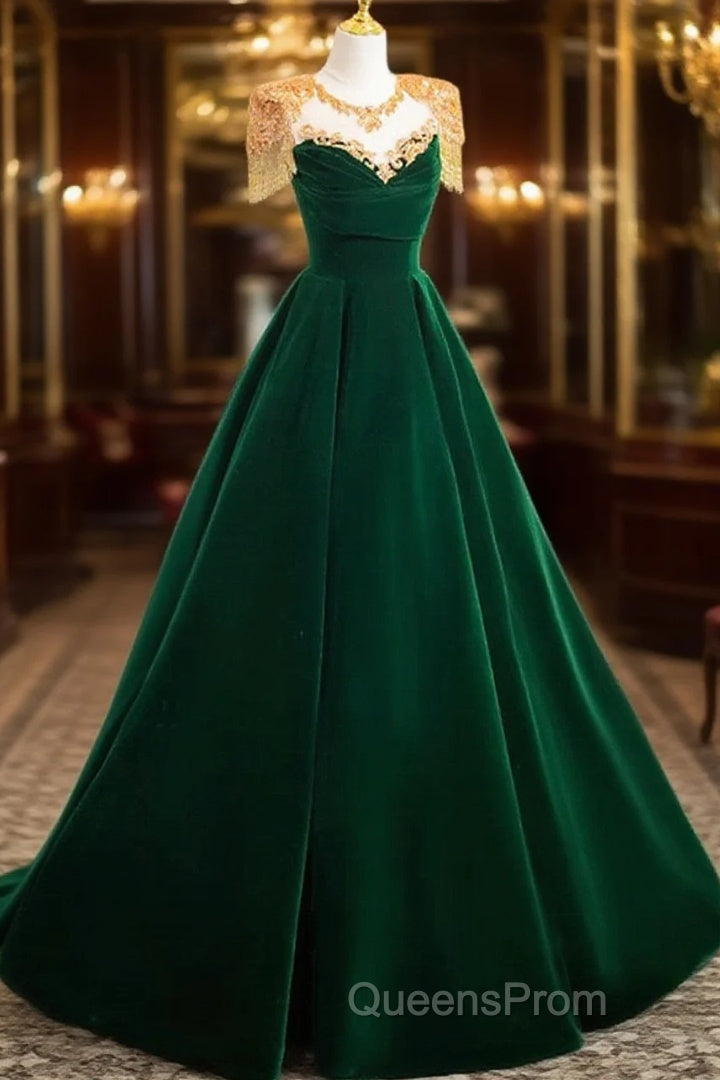 Dark Green Velvet A-Line Long Evening Prom Dress, Dark Green Evening Party Dress Main image