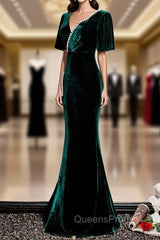 Dark Green Velvet Mermaid Slit V-neckline Evening Dress Party Dress, Long Evening Dress