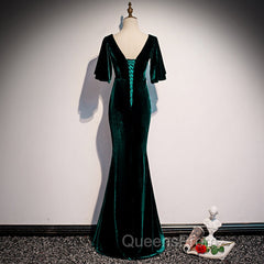 Dark Green Velvet Mermaid Slit V-neckline Evening Dress Party Dress, Long Evening Dress